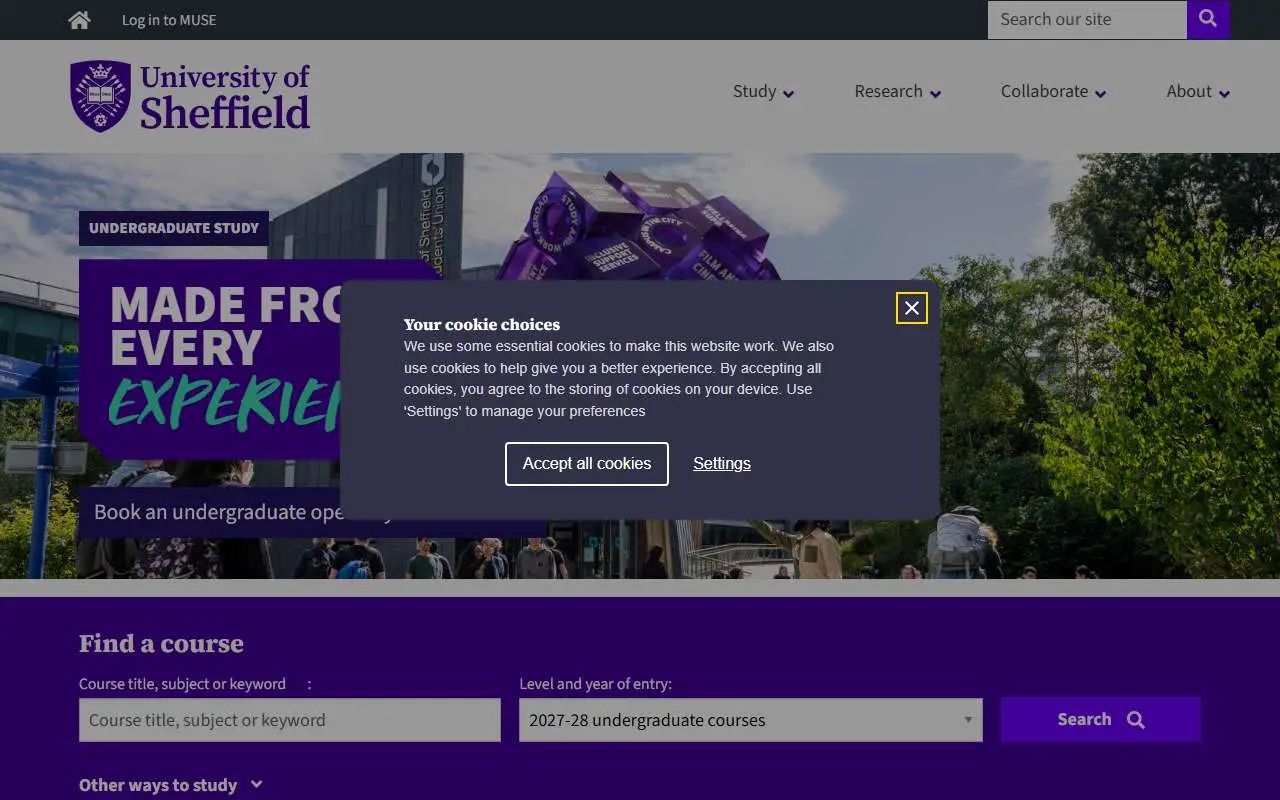 Tampilan website resmi Universitas Sheffield (sheffield.ac.uk)