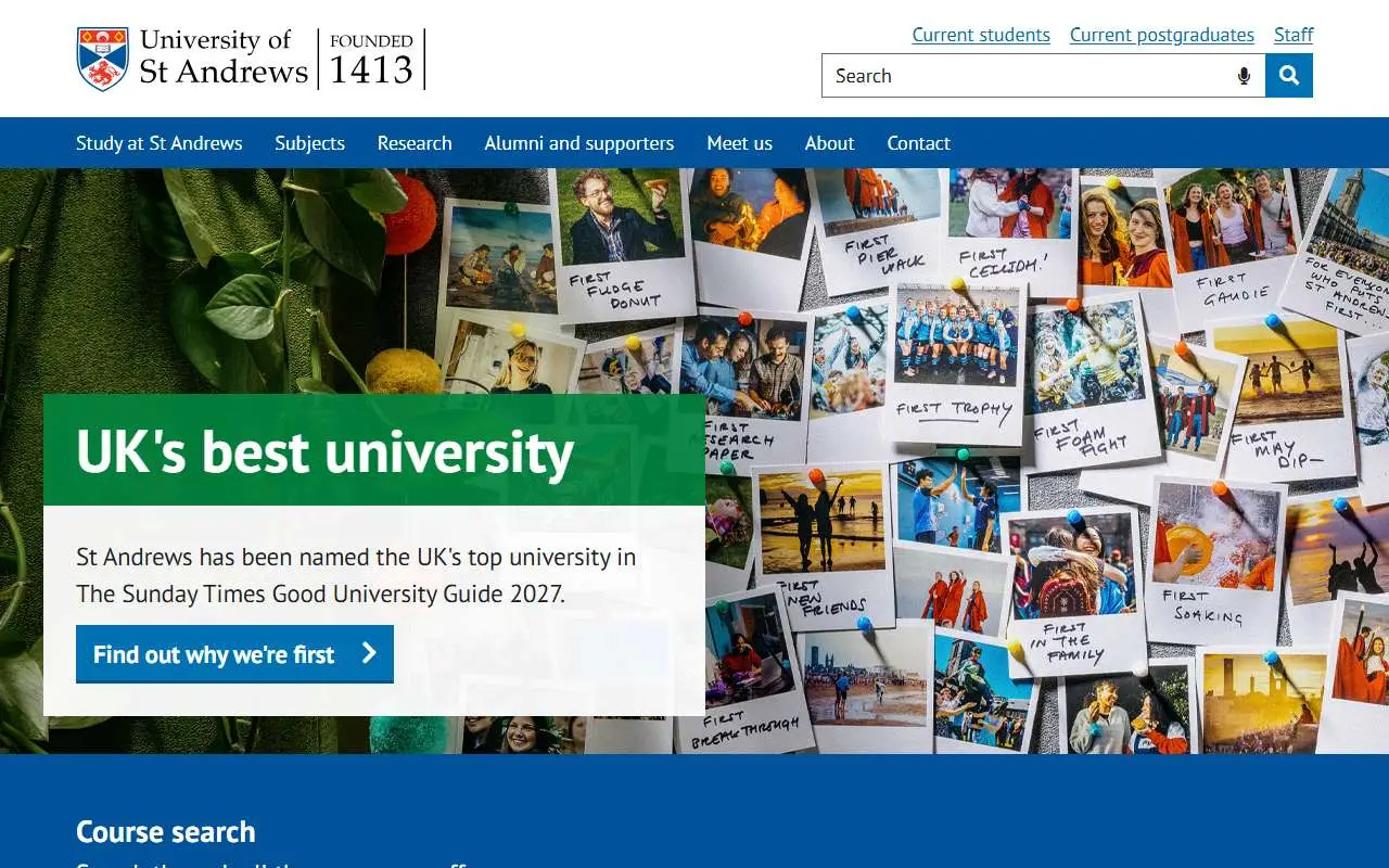 Tampilan website resmi Universitas St Andrews (st-andrews.ac.uk)