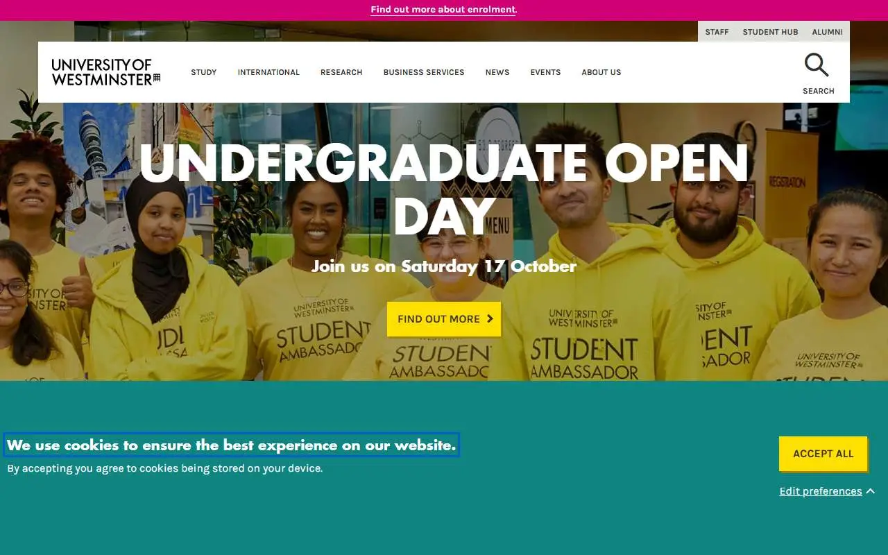 Tampilan website resmi Universitas Westminster (westminster.ac.uk)