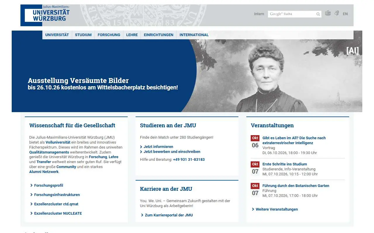 Tampilan website resmi University of Würzburg (uni-wuerzburg.de)