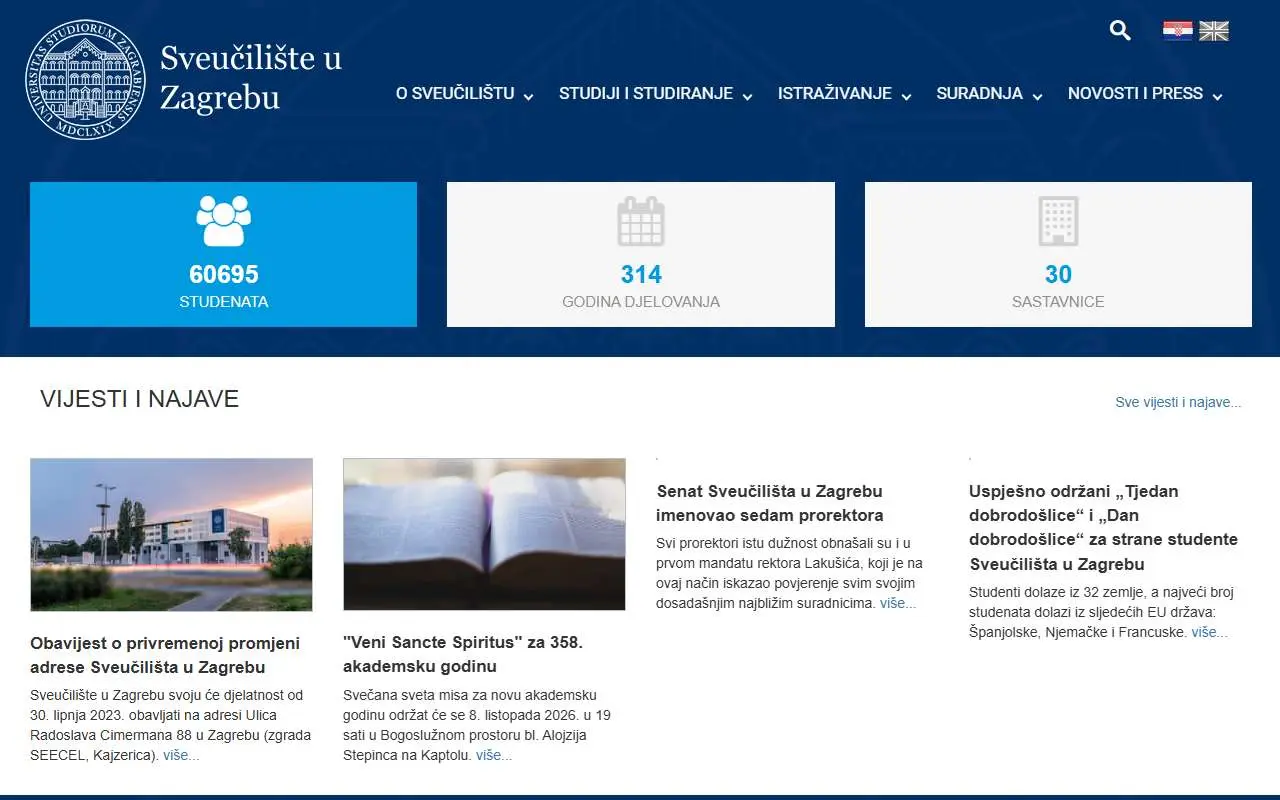 Tampilan website resmi Universitas Zagreb (unizg.hr)