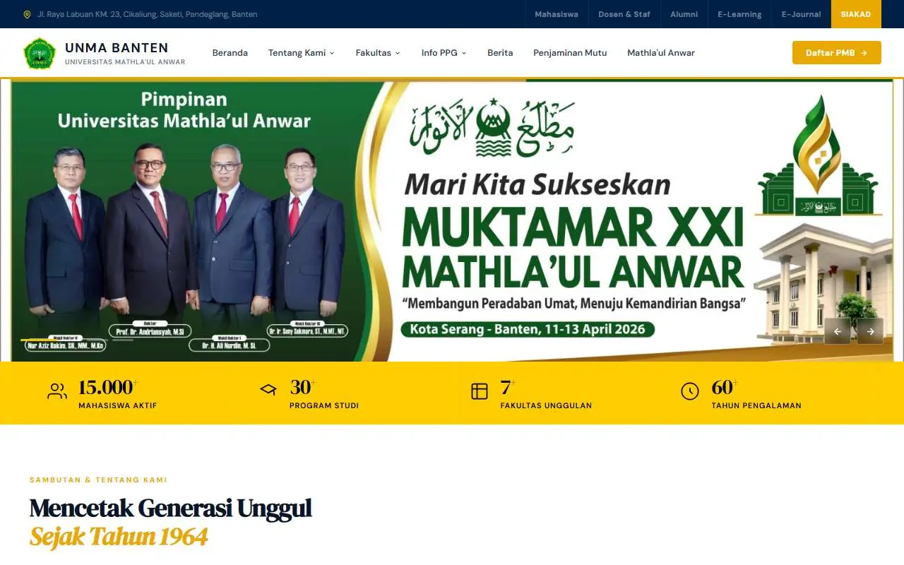 Tampilan website resmi Universitas Mathla'ul Anwar (unmabanten.ac.id)