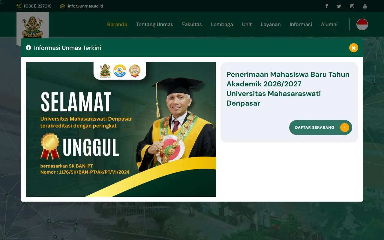 Tampilan website resmi Universitas Mahasaraswati Denpasar (unmas.ac.id)