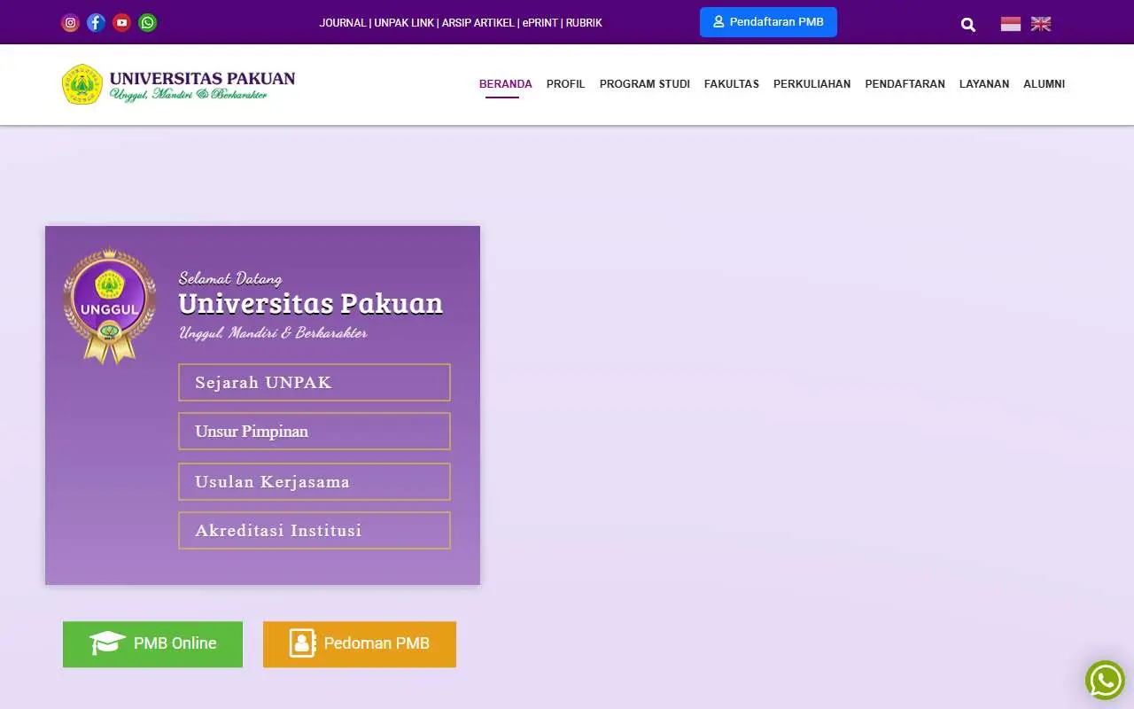 Tampilan website resmi Universitas Pakuan (unpak.ac.id)