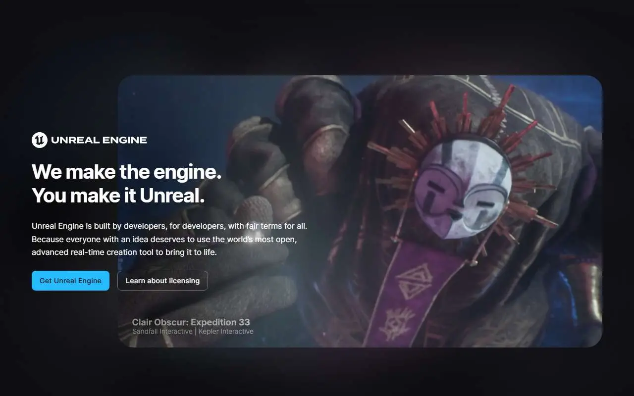 Tampilan website resmi Unreal Engine (unrealengine.com)