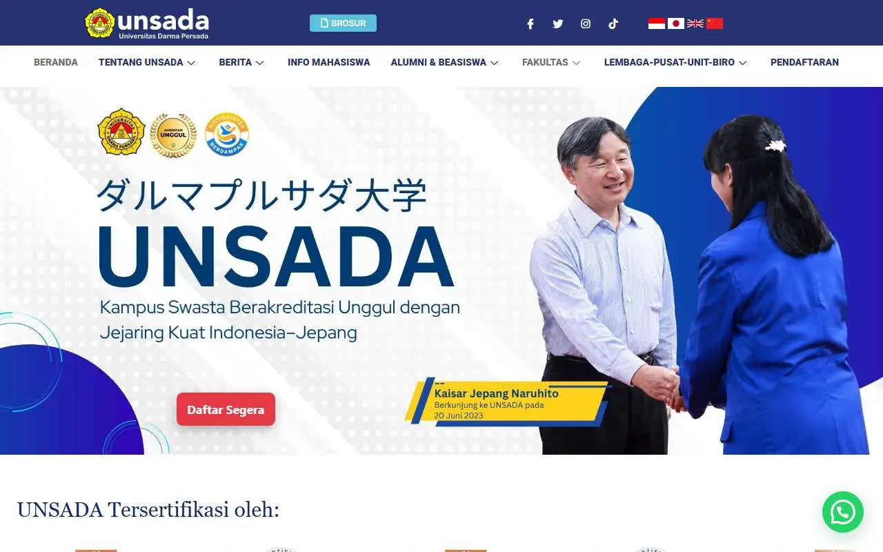Tampilan website resmi Universitas Darma Persada (unsada.ac.id)