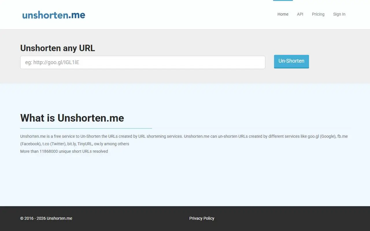 Tampilan website resmi Unshorten.me (unshorten.me)