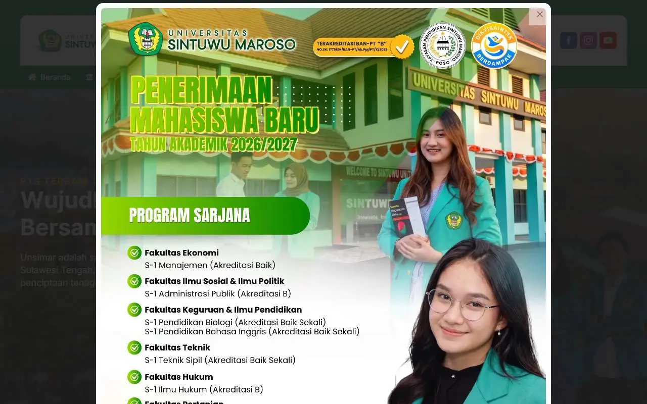 Tampilan website resmi Universitas Sintuwu Maroso (unsimar.ac.id)