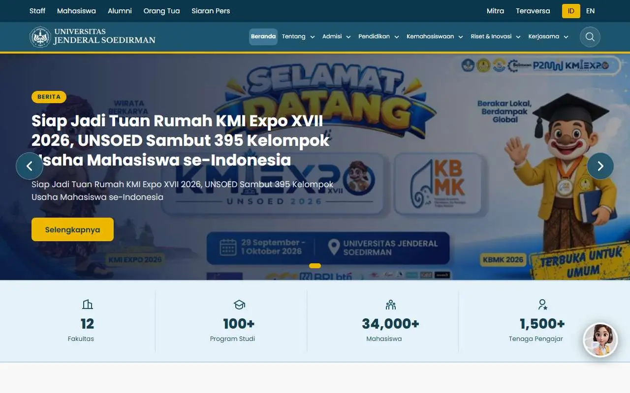 Tampilan website resmi Universitas Jenderal Soedirman (unsoed.ac.id)