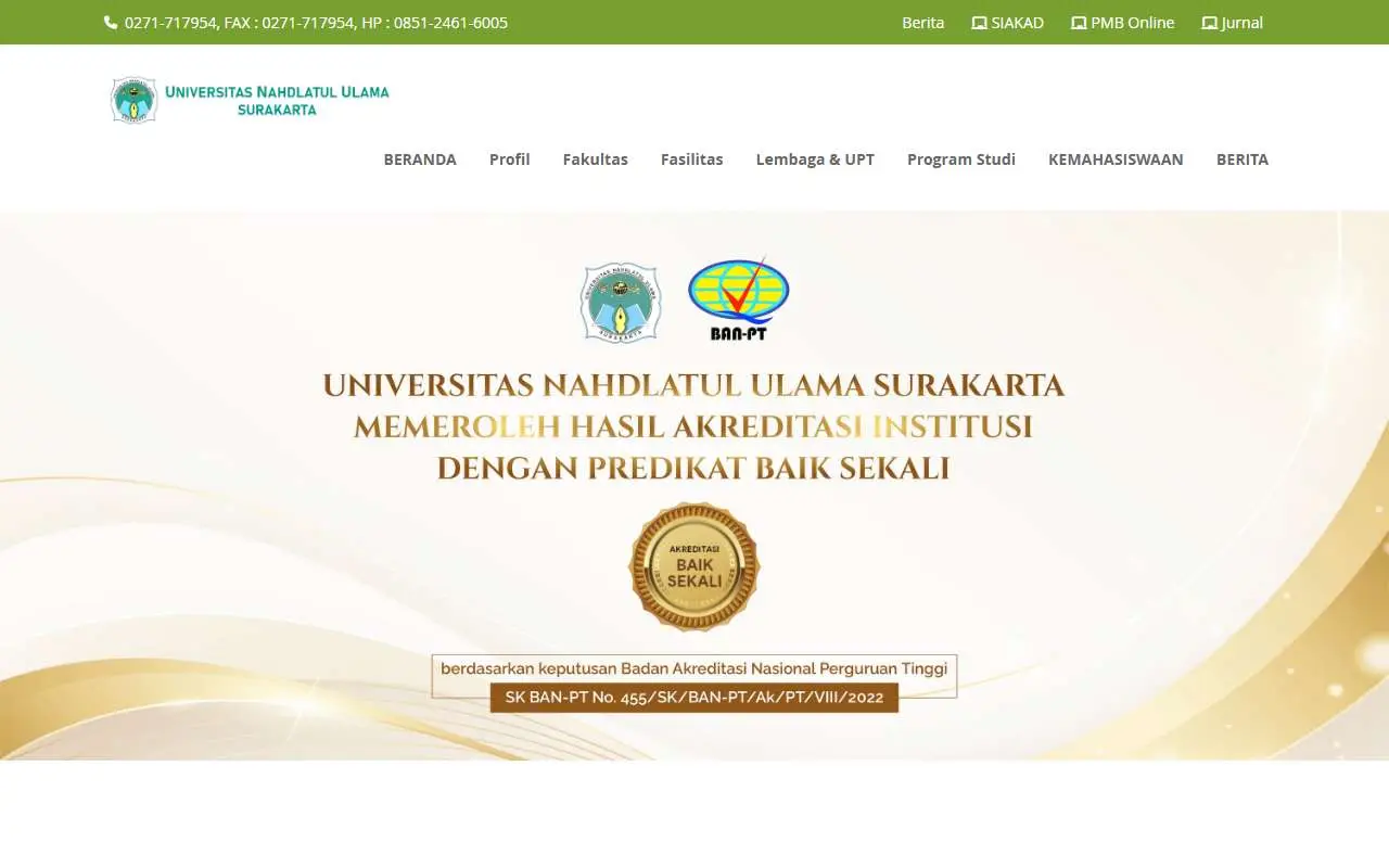 Tampilan website resmi Universitas Nahdlatul Ulama Surakarta (unu.ac.id)