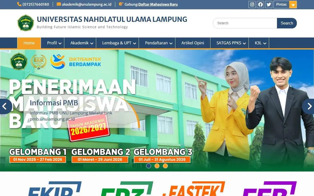 Tampilan website resmi Universitas Nahdlatul Ulama Lampung (unulampung.ac.id)