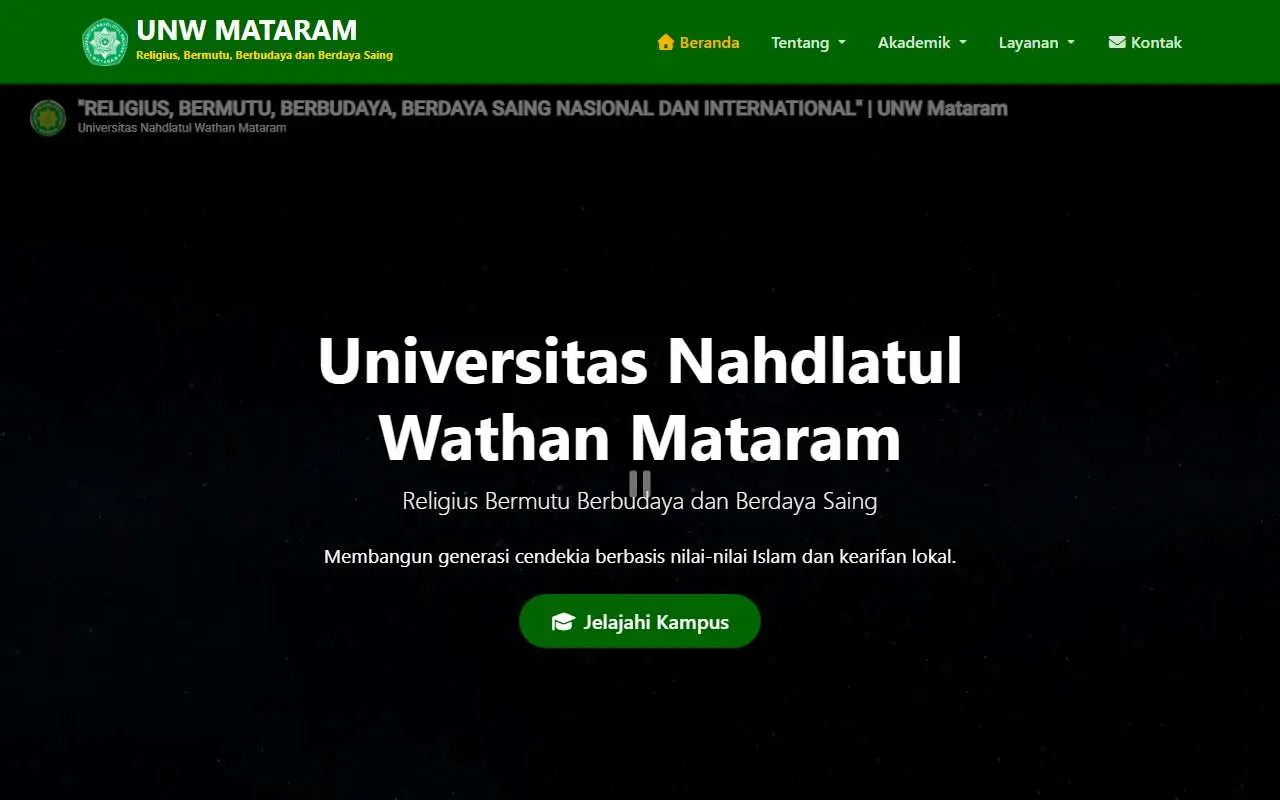 Tampilan website resmi Universitas Nahdlatul Wathan Mataram (unwmataram.ac.id)