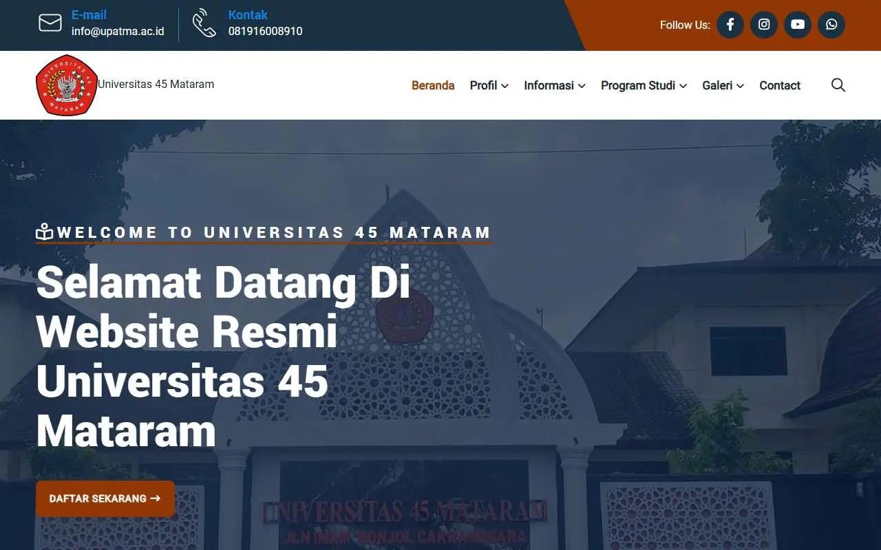 Tampilan website resmi Universitas 45 Mataram (upatma.ac.id)