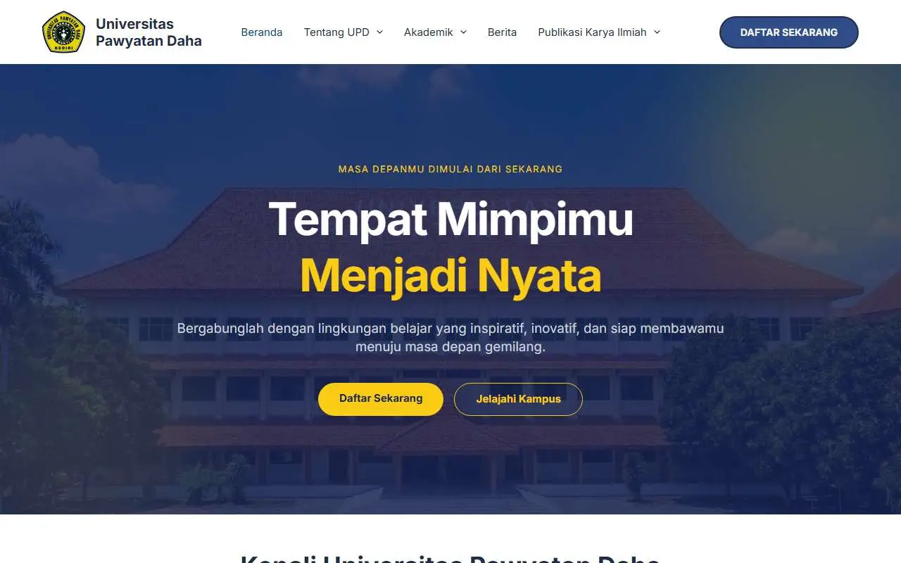 Tampilan website resmi Universitas Pawyatan Daha (updkediri.ac.id)
