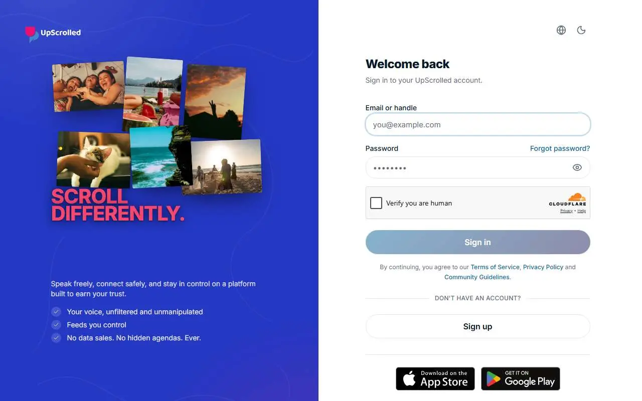 Tampilan website resmi UpScrolled (upscrolled.com)