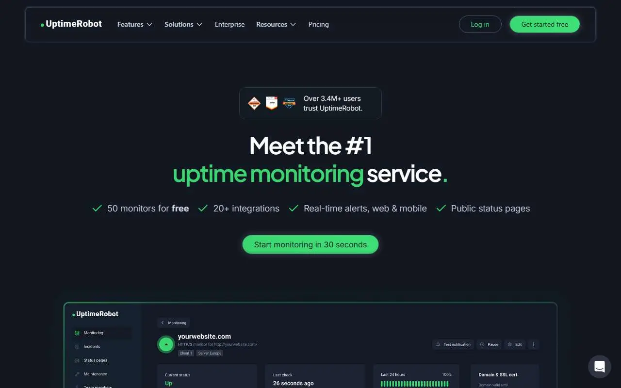 Tampilan website resmi UptimeRobot (uptimerobot.com)