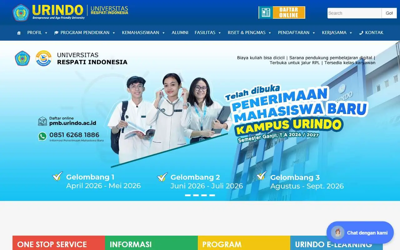 Tampilan website resmi Universitas Respati Indonesia (urindo.ac.id)