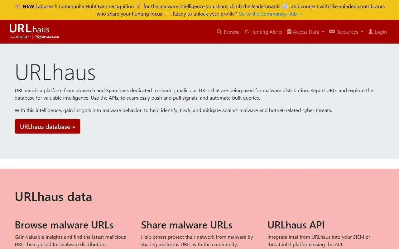 Tampilan website resmi URLhaus (urlhaus.abuse.ch)