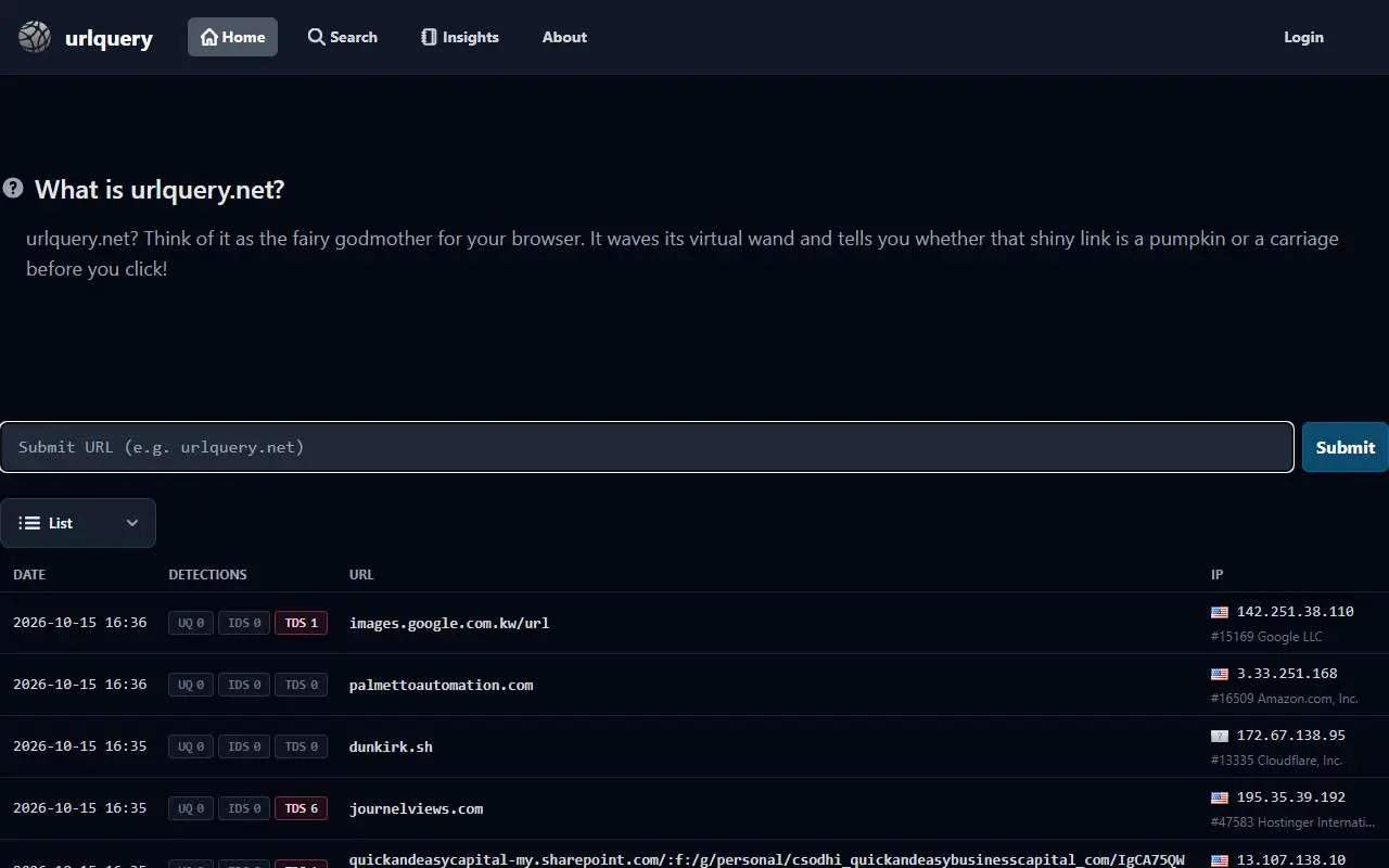 Tampilan website resmi urlquery (urlquery.net)