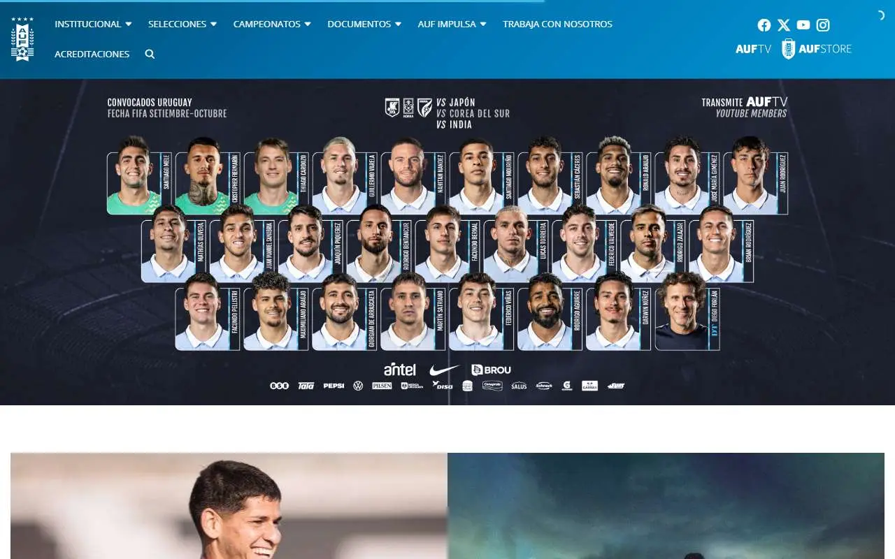 Tampilan website resmi Tim nasional sepak bola Uruguay (auf.org.uy)