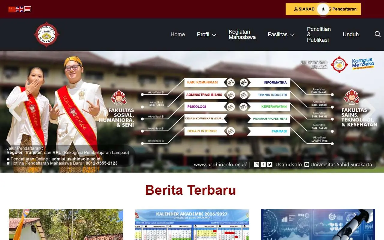 Tampilan website resmi Universitas Sahid Surakarta (usahidsolo.ac.id)