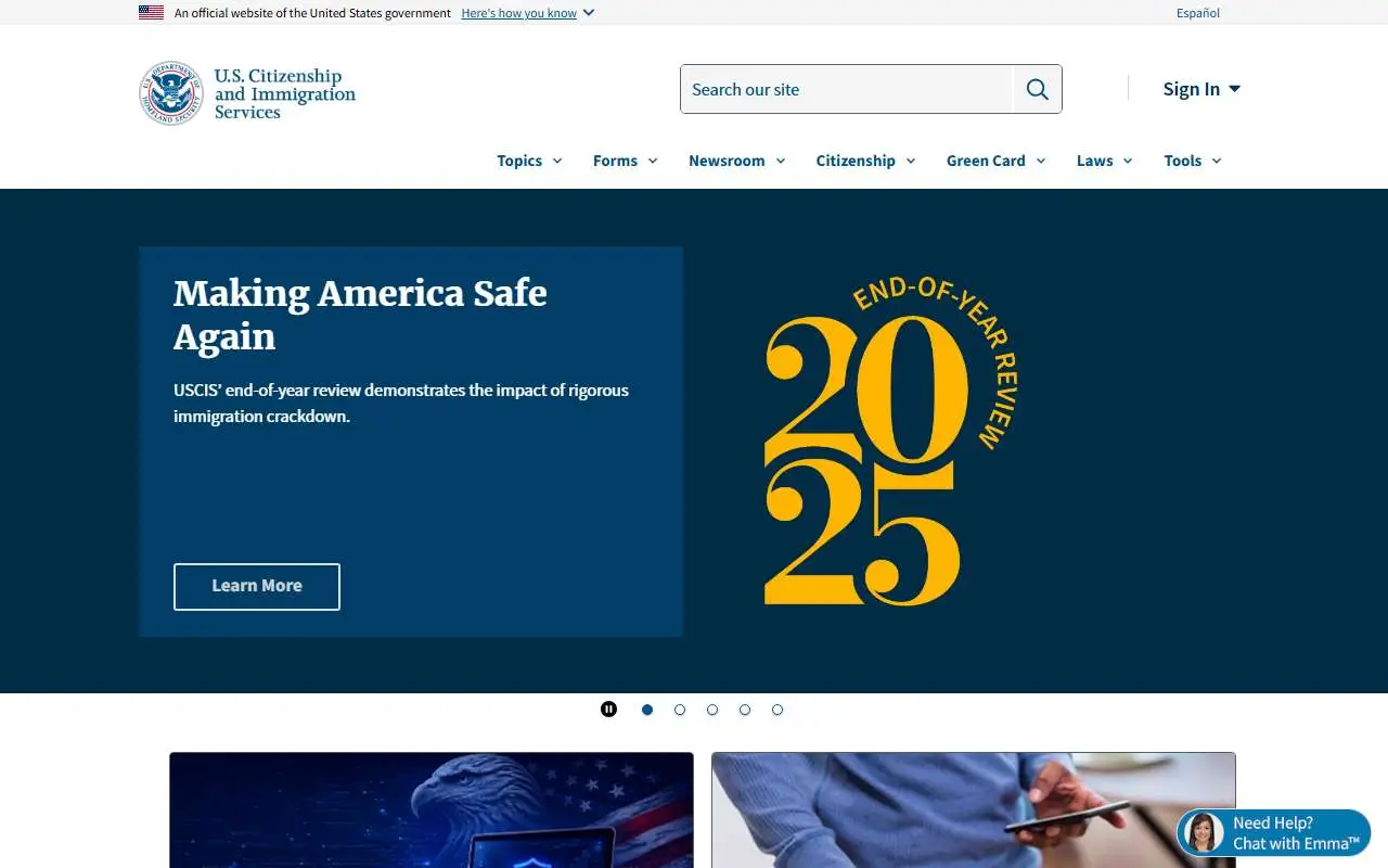 Tampilan website resmi USCIS (uscis.gov)