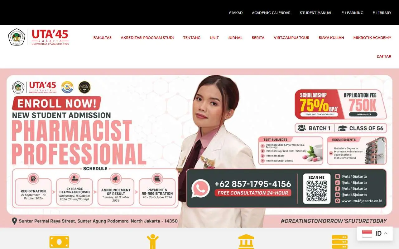 Tampilan website resmi Universitas 17 Agustus 1945 Jakarta (uta45jakarta.ac.id)