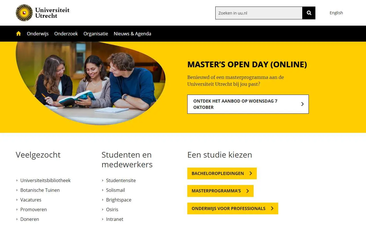 Tampilan website resmi Universitas Utrecht (uu.nl)