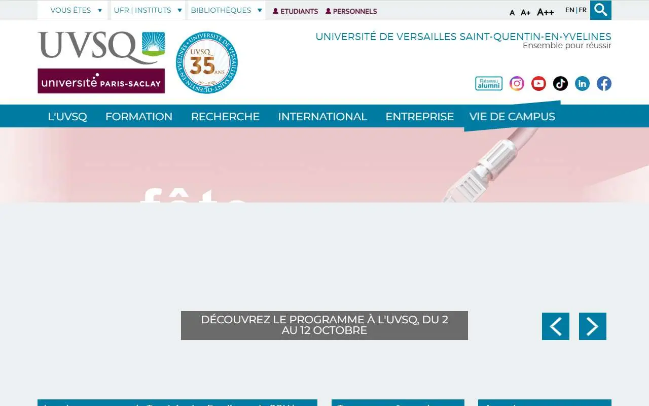 Tampilan website resmi UVSQ (Versailles Saint-Quentin) (uvsq.fr)