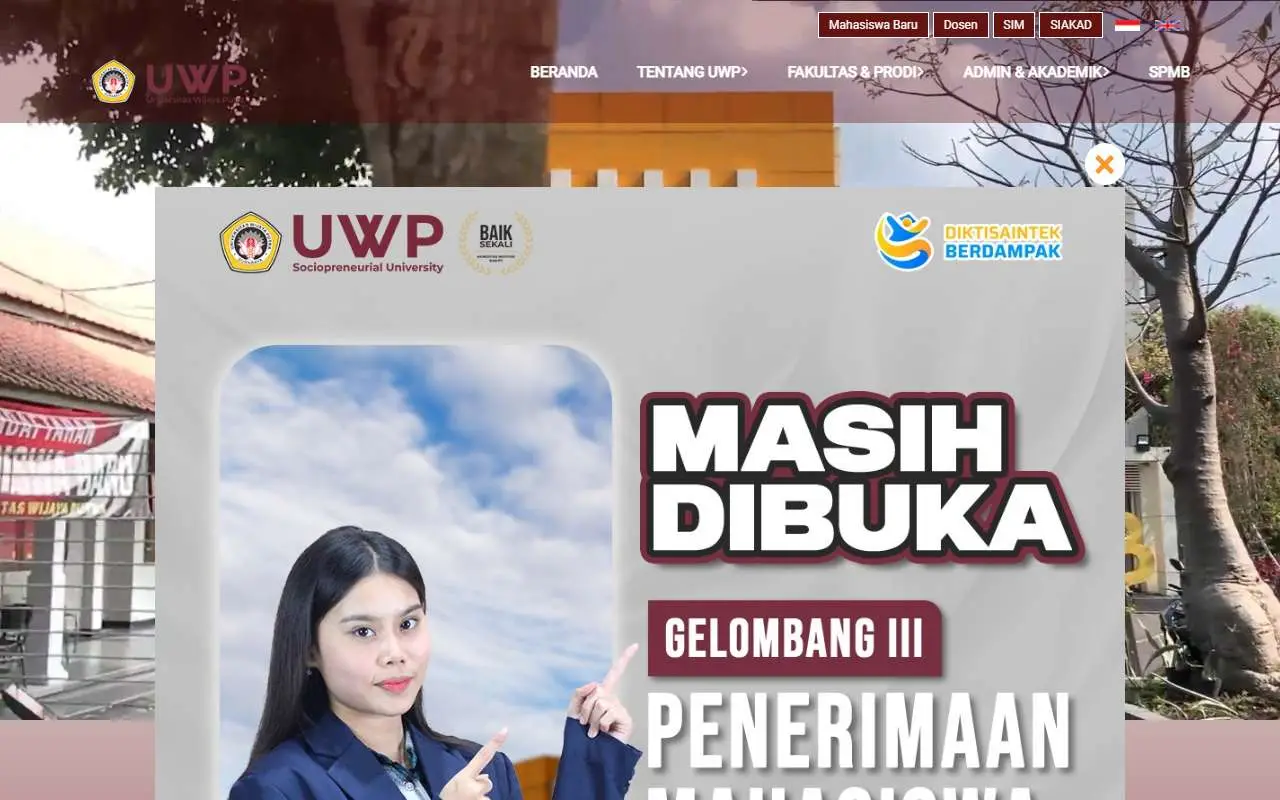 Tampilan website resmi Universitas Wijaya Putra (uwp.ac.id)