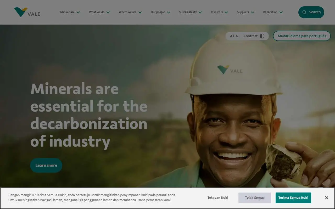 Tampilan website resmi Vale Indonesia (vale.com)