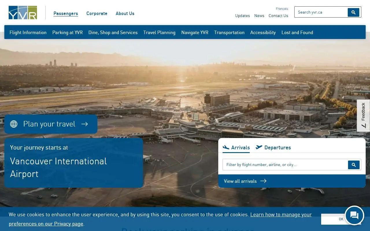 Tampilan website resmi Bandara Internasional Vancouver (yvr.ca)