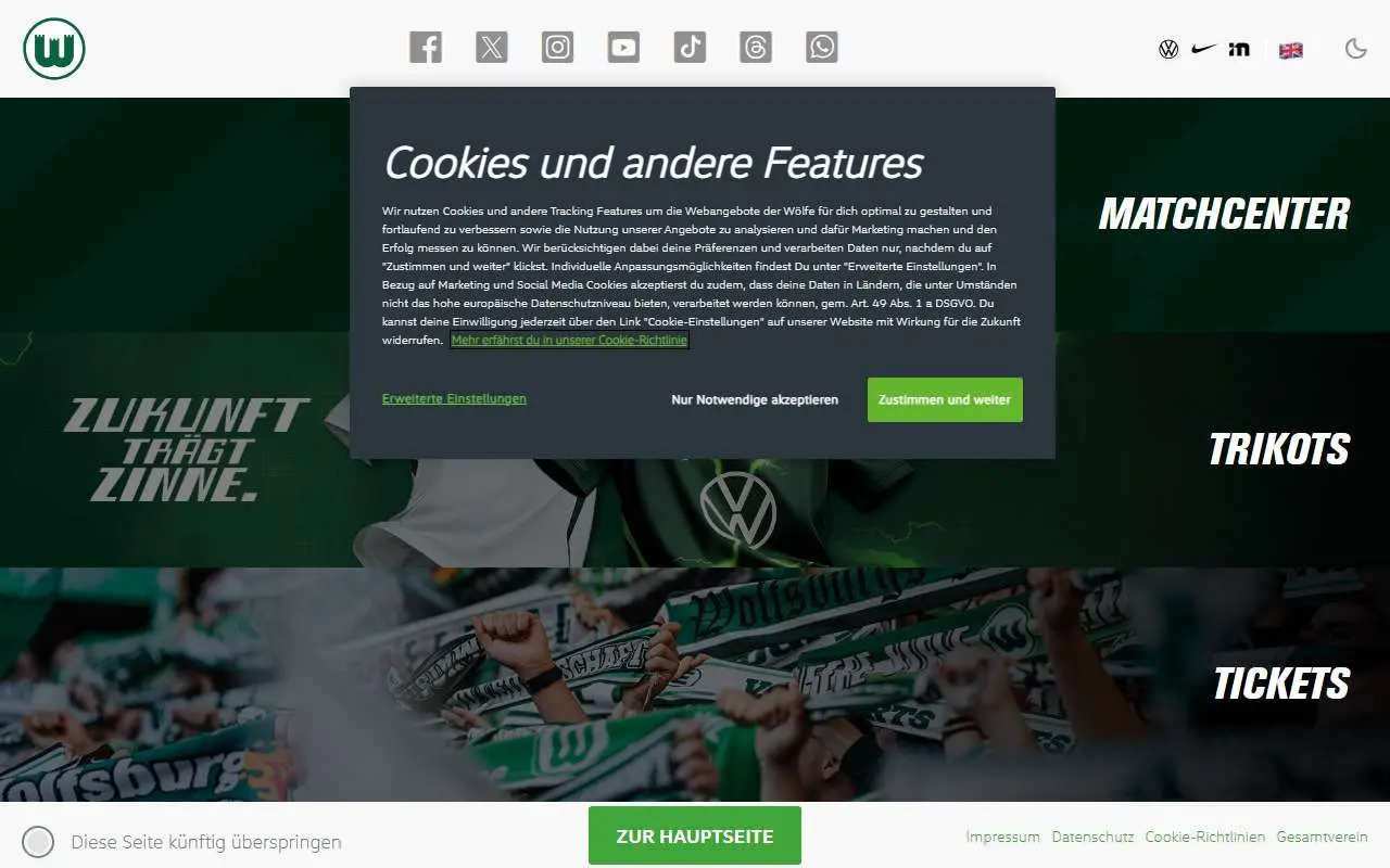Tampilan website resmi VfL Wolfsburg (vfl-wolfsburg.de)
