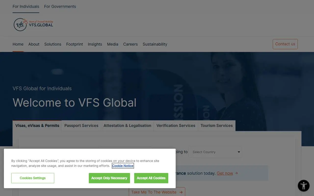 Tampilan website resmi VFS Global (vfsglobal.com)