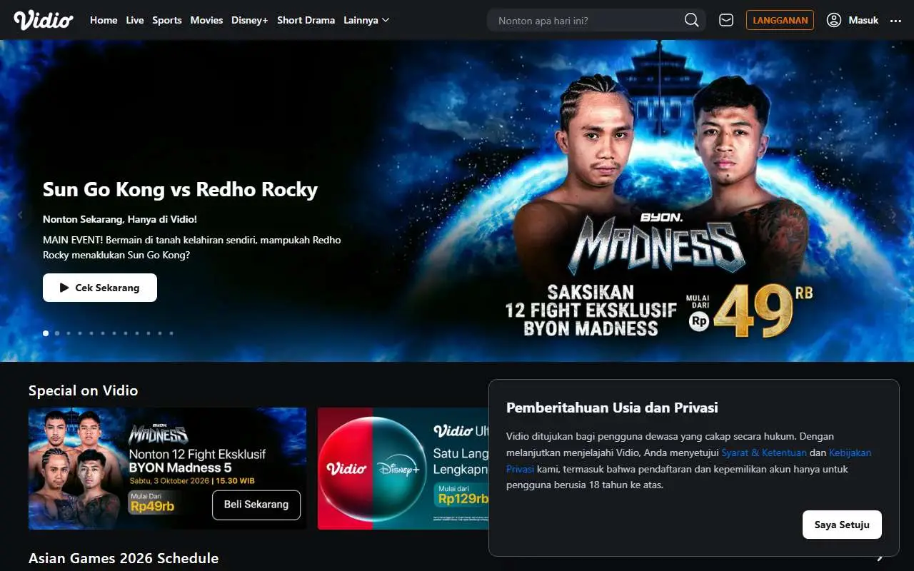 Tampilan website resmi Vidio (vidio.com)