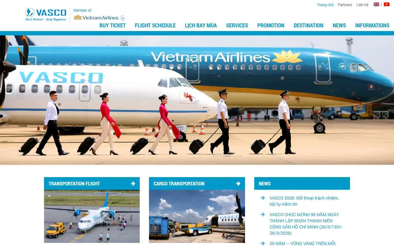 Tampilan website resmi Vietnam Air Service Company (vasco.com.vn)