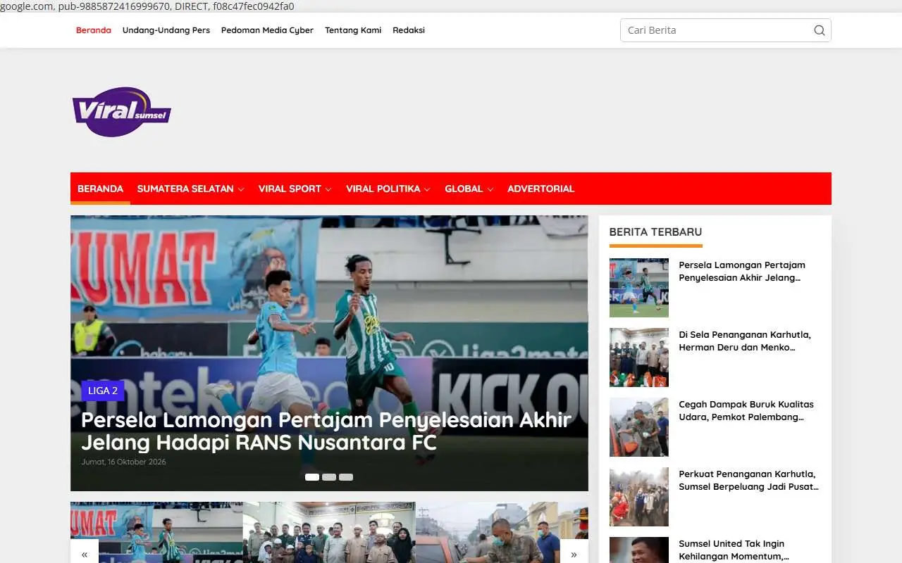 Tampilan website resmi Viral Sumsel (viralsumsel.com)