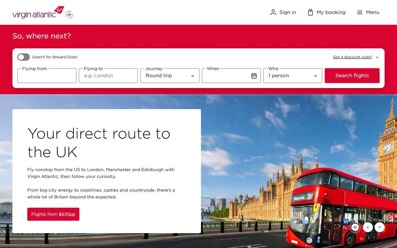 Tampilan website resmi Virgin Atlantic Airways (virginatlantic.com)