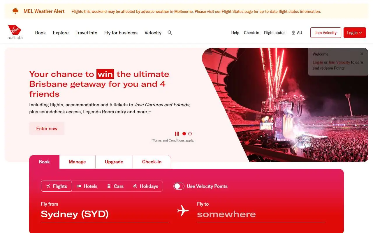 Tampilan website resmi Virgin Blue (virginaustralia.com)