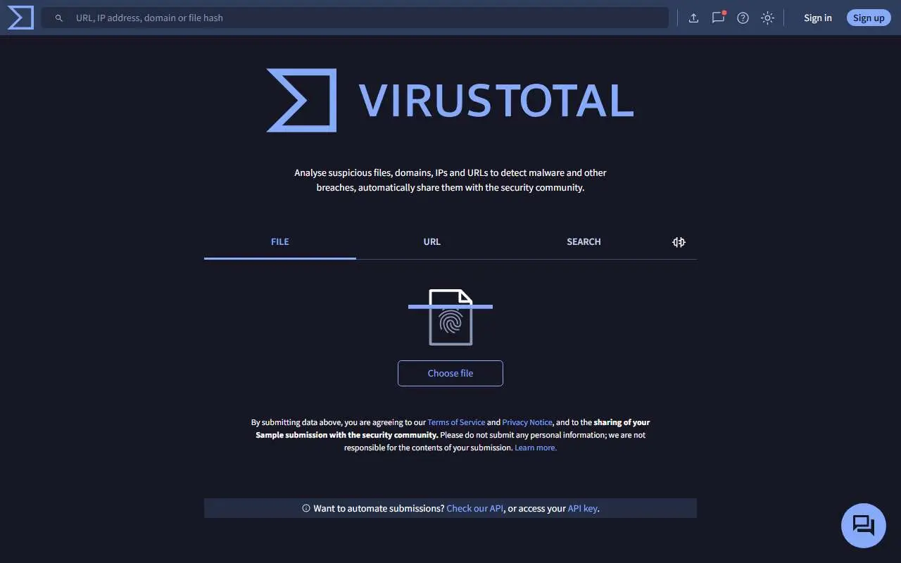Tampilan website resmi VirusTotal (virustotal.com)
