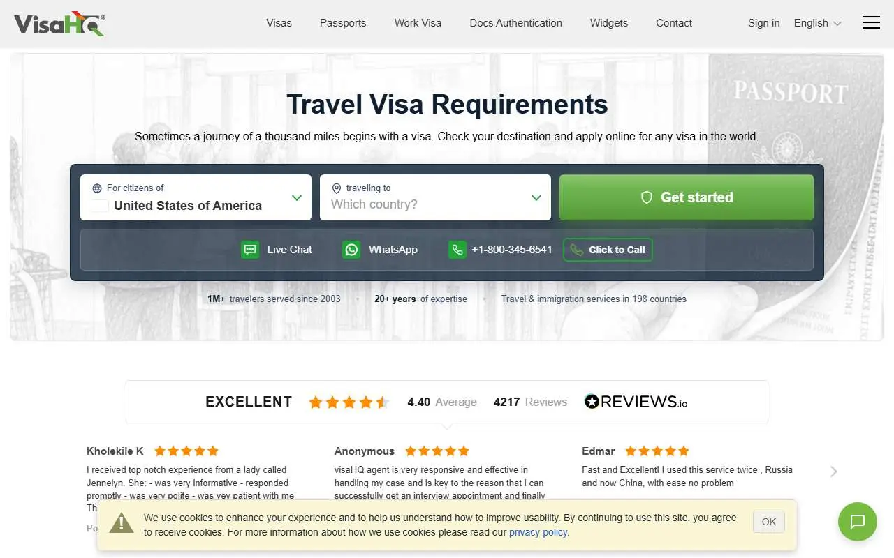 Tampilan website resmi VisaHQ (visahq.com)