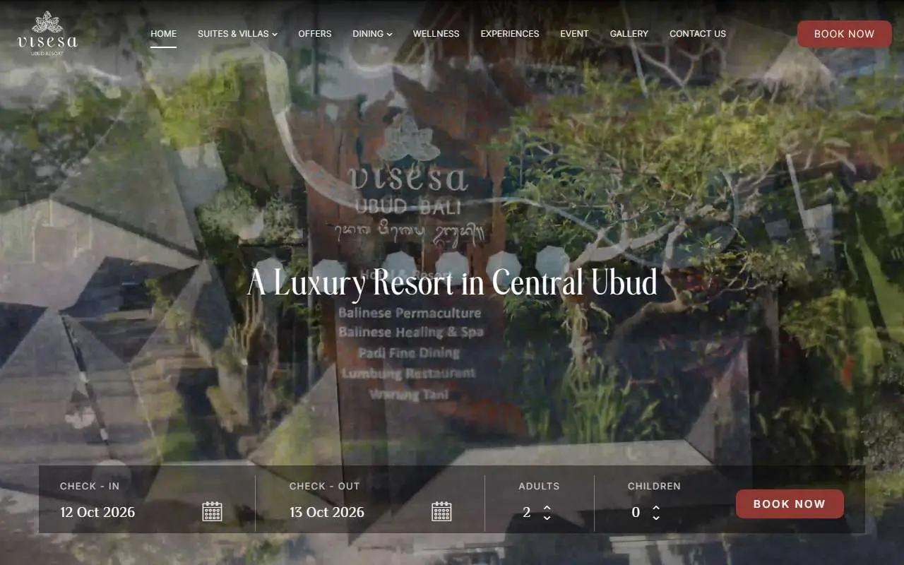 Tampilan website resmi Visesa Resort (visesaubud.com)