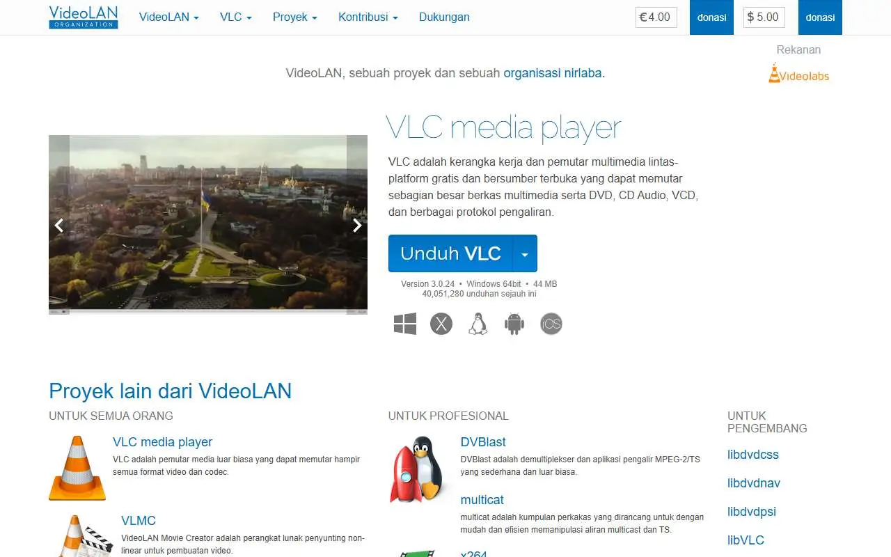 Tampilan website resmi VLC (videolan.org)