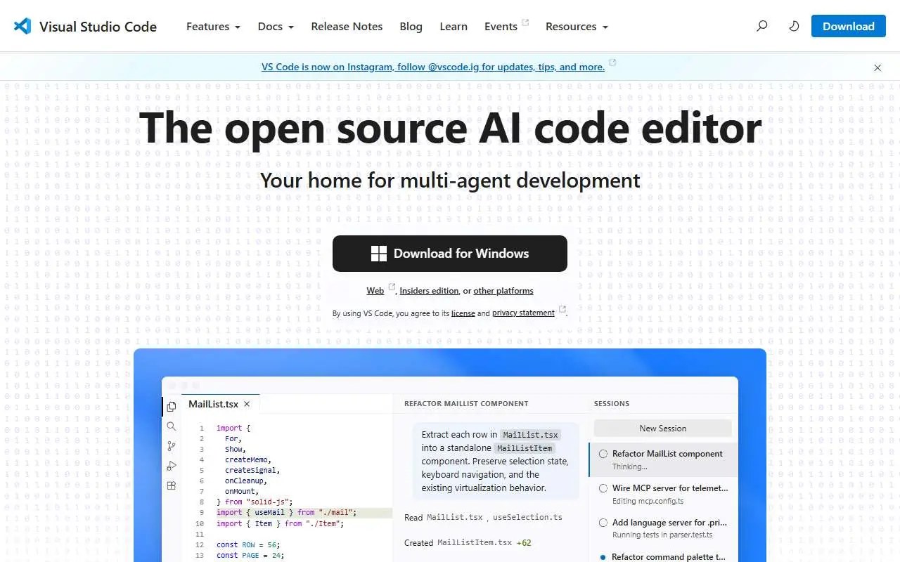 Tampilan website resmi Visual Studio Code (visualstudio.com)