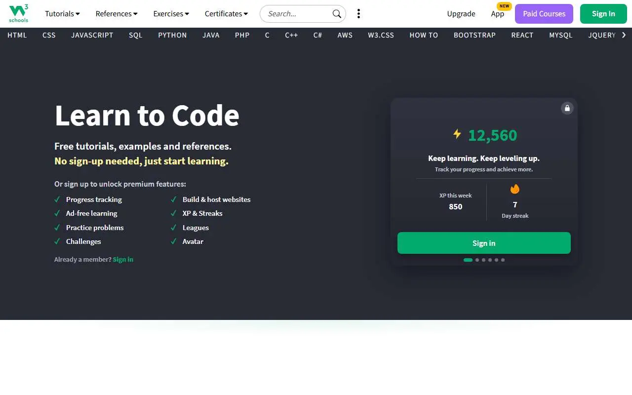 Tampilan website resmi W3Schools (w3schools.com)