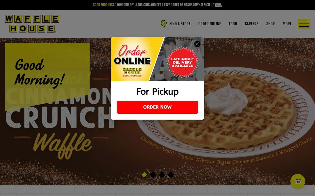 Tampilan website resmi Waffle House (wafflehouse.com)