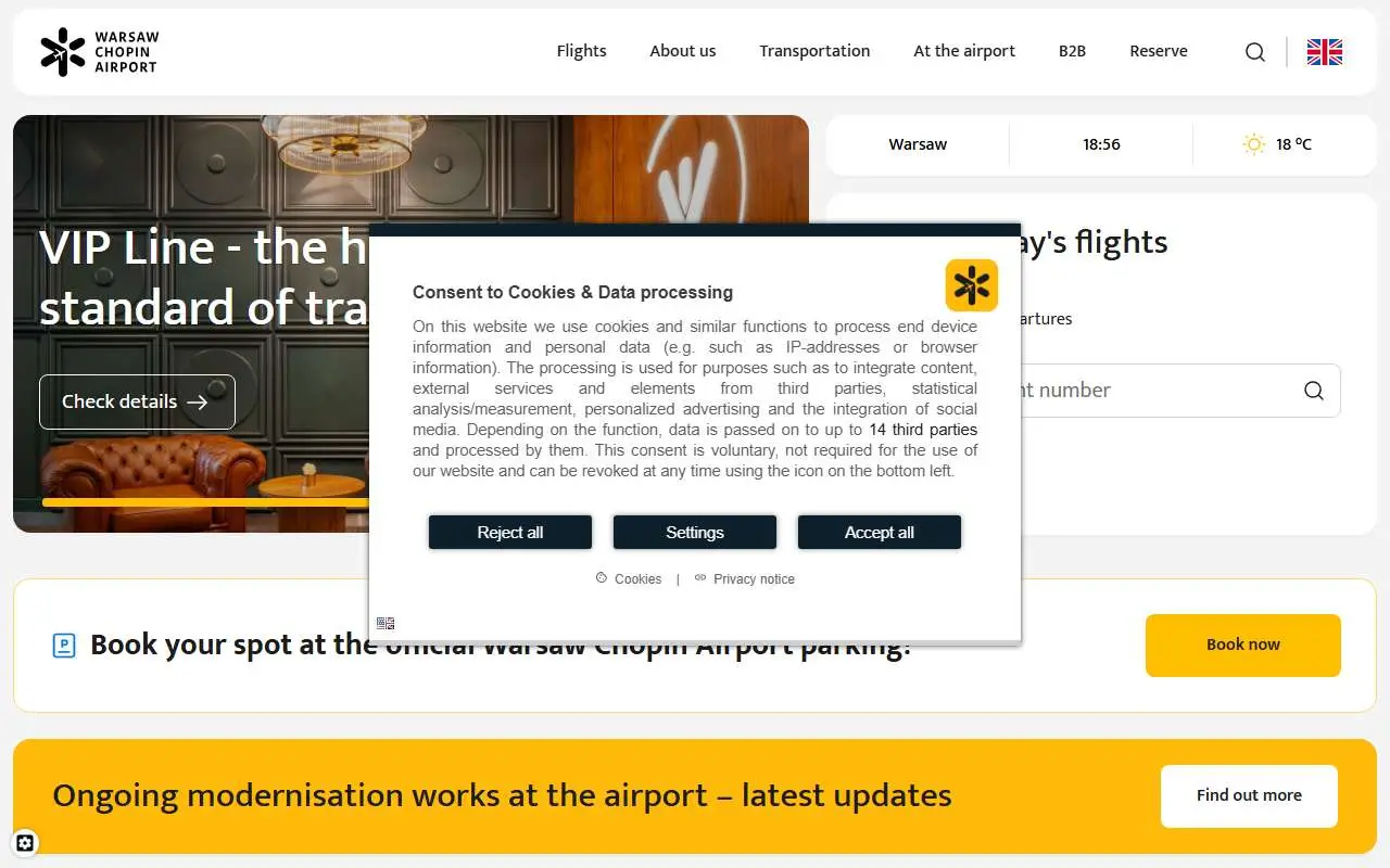 Tampilan website resmi Bandara Chopin Warsawa (lotnisko-chopina.pl)