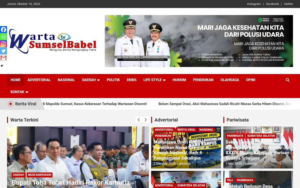 Tampilan website resmi Warta Sumsel Babel (wartasumselbabel.com)