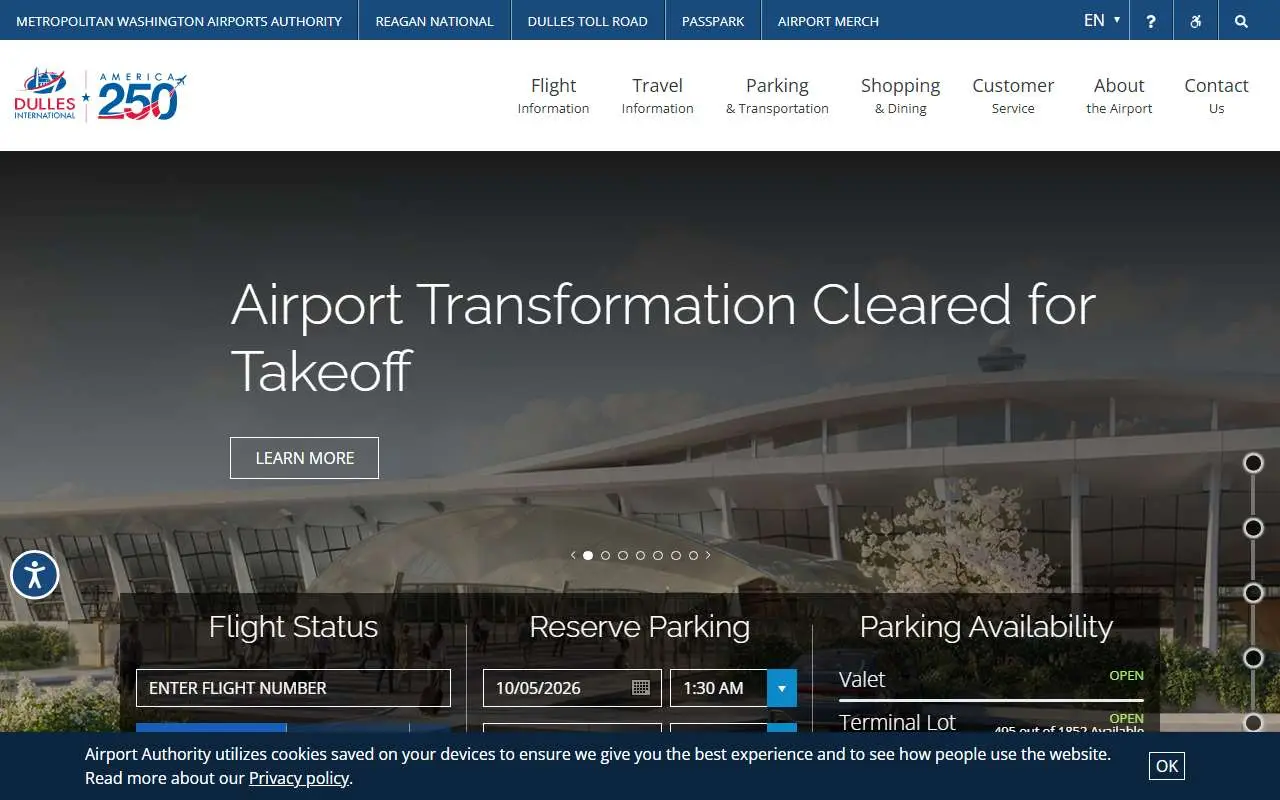 Tampilan website resmi Bandara Internasional Washington Dulles (flydulles.com)