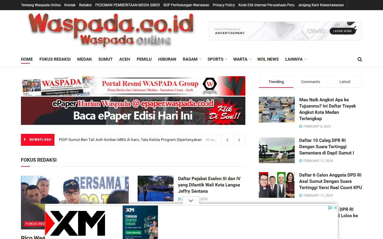 Tampilan website resmi Waspada Online (waspada.co.id)